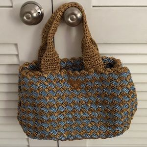 Prada Blue and Tan Raffia Crochet Bag